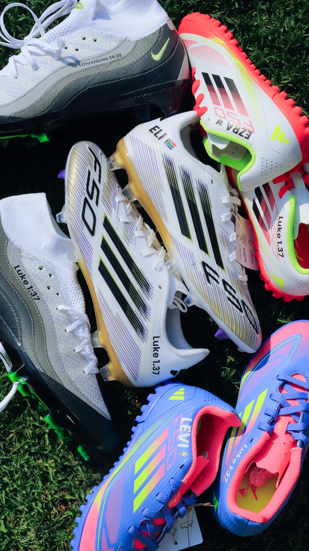 A collection of personalised boots with player names