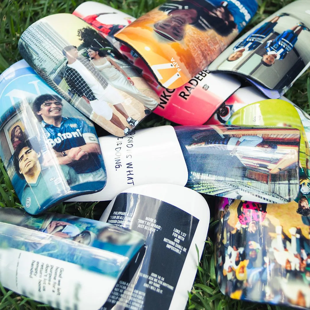 Custom shin pads being designed showing name and number personalisation