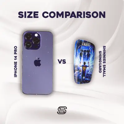 Small shin pad next to an iPhone 14 Pro