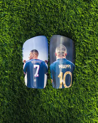 Mbappé shirt-back shin pads, PSG 7 and France 10
