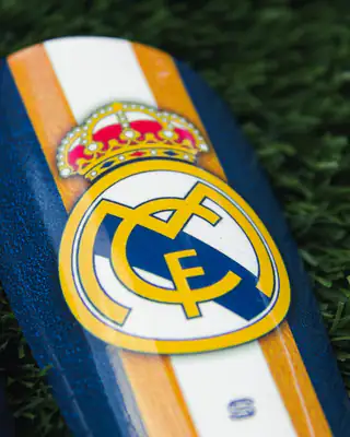 Close-up of a Real Madrid crest shin pad