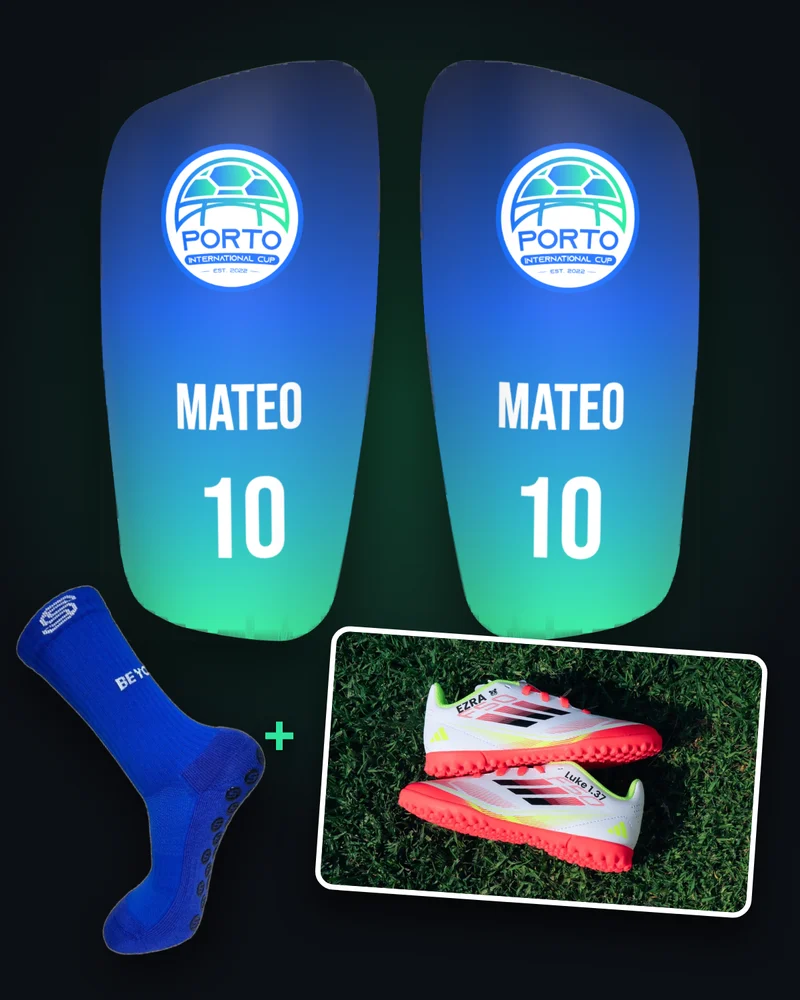 Full Kit: Porto Cup shin pads named Mateo 10, a blue grip sock and boots with Boot ID names